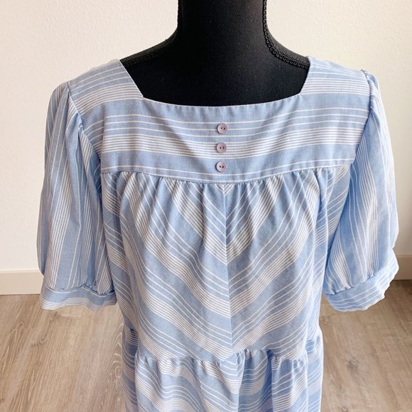 Vintage Jaylan of California Patio House Dress Blue White Chevron Chambray Large - Picture 2 of 6